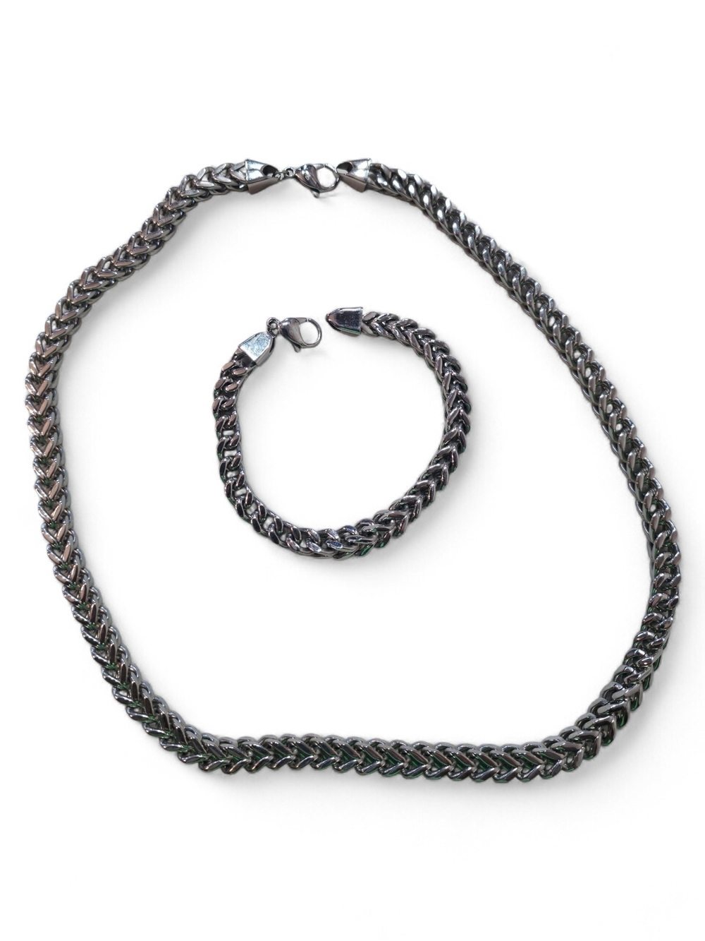 Men's Polished Stainless Cuban Link Necklace and Bracelet Set